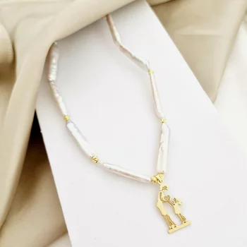 Gyöngy Nyaklánc - A Szív Ajándéka - Szürke Pálcika Gyöngyök és 18K Sárga Aranyozott 925 Sterling Ezüst Medál Gömbökkel - Karabíner Zár