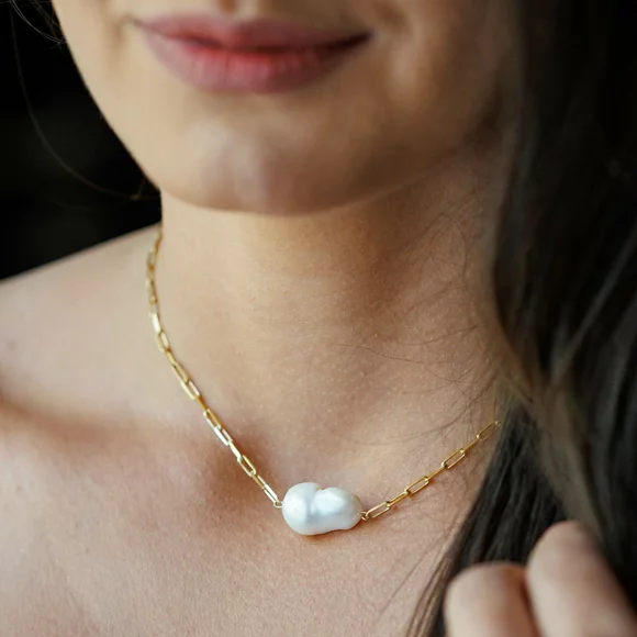 Gyöngy Nyaklánc - Extravagáns - Barokk Gyöngy Lánccal -18K Sárga Aranyozott 925 Sterling Ezüst - Körkapocs