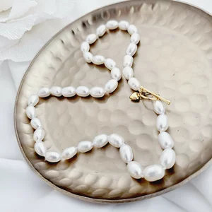 Gyöngy Nyaklánc - Fehér Rizs-szem Gyöngy - 18K Sárga Aranyozott 925 Sterling Ezüst