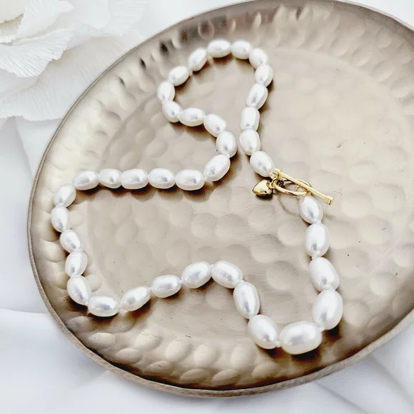 Gyöngy Nyaklánc - Fehér Rizs-szem Gyöngy - 18K Sárga Aranyozott 925 Sterling Ezüst