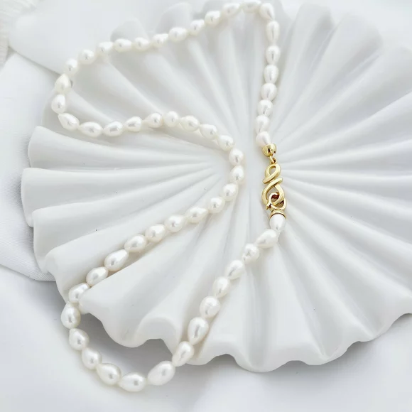 Gyöngy Nyaklánc - Fehér Rizs-szem Gyöngy - 18K Sárga Aranyozott 925 Sterling Ezüst