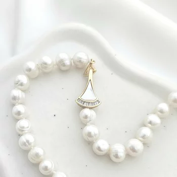 Gyöngy Nyaklánc - Halvány Rózsaszín Gömb Gyöngy - 18K Sárga Aranyozott 925 Sterling Ezüst - Elegáns Kapocs