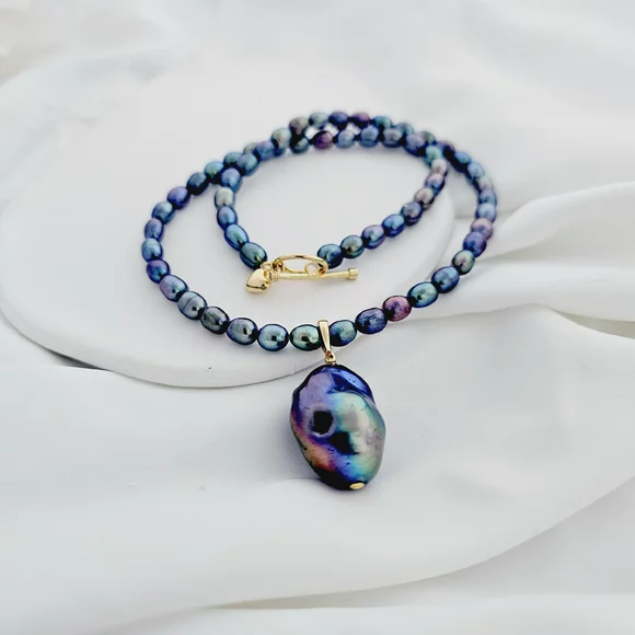 Gyöngy Nyaklánc - Kék Rizs-szem Gyöngy - 18K Sárga Aranyozott 925 Sterling Ezüst - T Kapocs