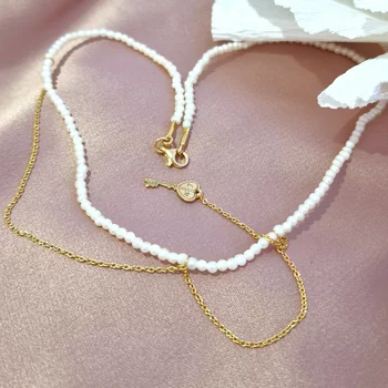 Gyöngy Nyaklánc - Kiút a labirintusból - Apró Gyöngyök Lánc és Kulcs Medál - 18K Sárga Aranyozott 925 Sterling Ezüst