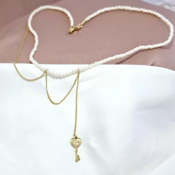 Gyöngy Nyaklánc - Kiút a labirintusból - Apró Gyöngyök Lánc és Kulcs Medál - 18K Sárga Aranyozott 925 Sterling Ezüst