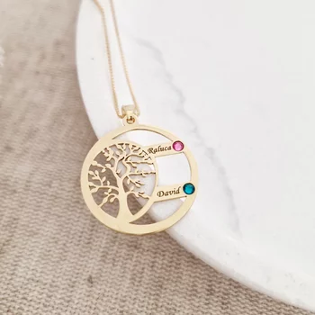 Harmónia Életfa Nyaklánc  - 2 Név -  18K Sárga Aranyozott 925 Sterling Ezüst  Swarovski Kristály - Körkapocs