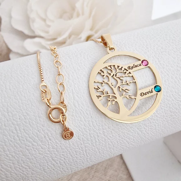 Harmónia Életfa Nyaklánc  - 2 Név -  18K Sárga Aranyozott 925 Sterling Ezüst  Swarovski Kristály - Körkapocs