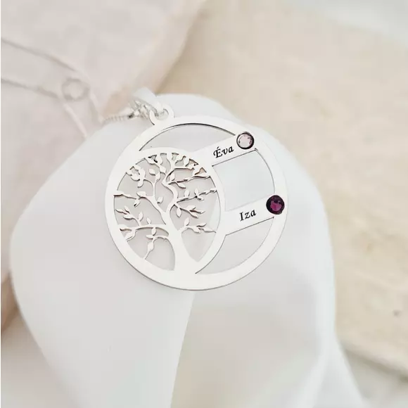 Harmónia Életfa Nyaklánc  - 2 Név - 925 Sterling Ezüst  Swarovski Kristály - Körkapocs