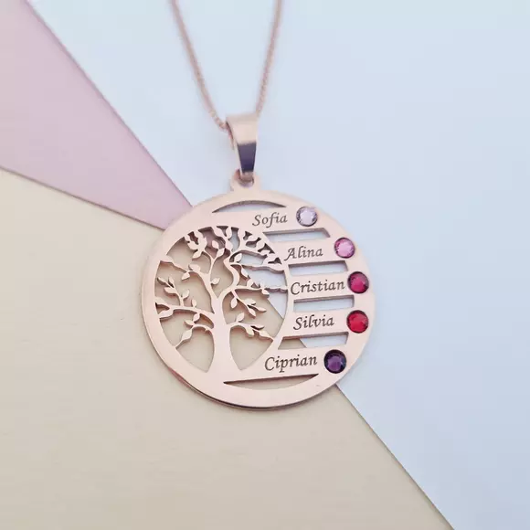 Harmónia Életfa Nyaklánc  - 3 Név -  18K Rozé Aranyozott 925 Sterling Ezüst  Swarovski Kristály - Körkapocs