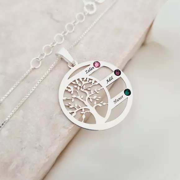 Harmónia Életfa Nyaklánc  - 3 Név - 925 Sterling Ezüst  Swarovski Kristály - Körkapocs