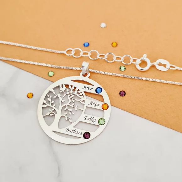 Harmónia Életfa Nyaklánc  - 4 Név - 925 Sterling Ezüst  Swarovski Kristály - Körkapocs