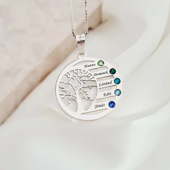 Harmónia Életfa Nyaklánc  - 5 Név - 925 Sterling Ezüst  Swarovski Kristály - Körkapocs