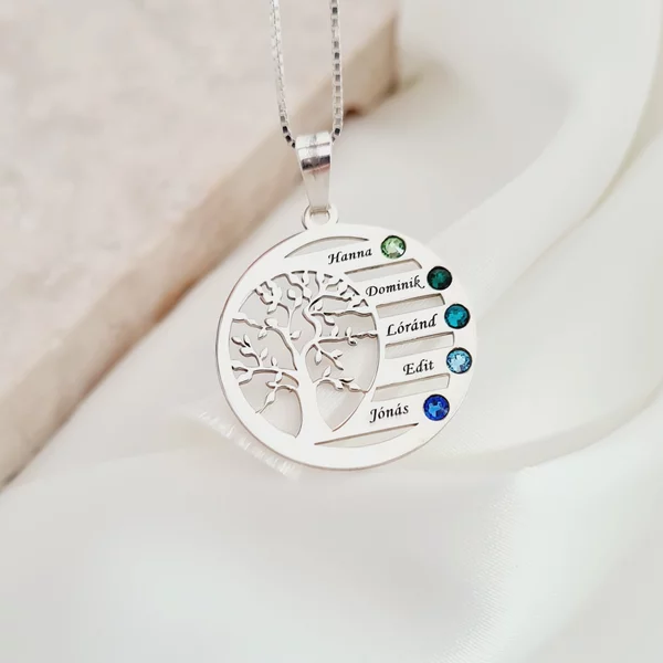 Harmónia Életfa Nyaklánc  - 5 Név - 925 Sterling Ezüst  Swarovski Kristály - Körkapocs