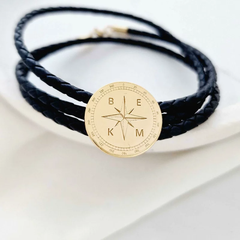 Iránytű Karkötő - 925-ös Ezüst 18K Sárga Arany bevonattal - 3 Réteg Bőr
