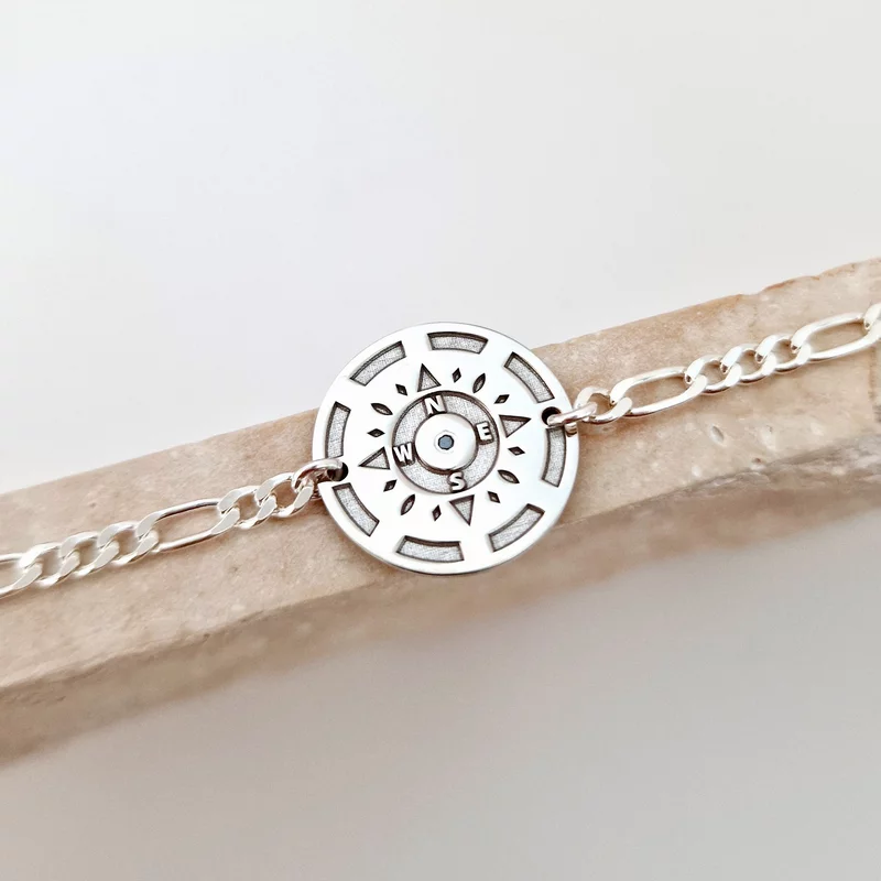 Iránytű Karkötő – Természetes Gyémánt - Ródiumozott 925-ös Sterling Ezüst - Férfi Lánc