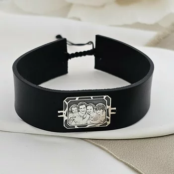 Karkötő Gravírozott Fénykép - Berámázott Pillanat - 925 Sterling Ezüst - Dombormű Gravírozás - Természetes Bőr - Állítható Méret