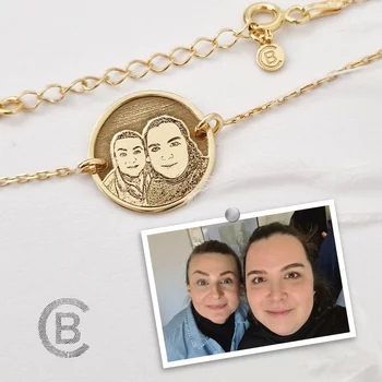 Karkötő Gravírozott Fénykép - Mindig Közel - 18K Sárga Aranyozott 925 Sterling Ezüst - Dombormű Gravírozás - Lánc
