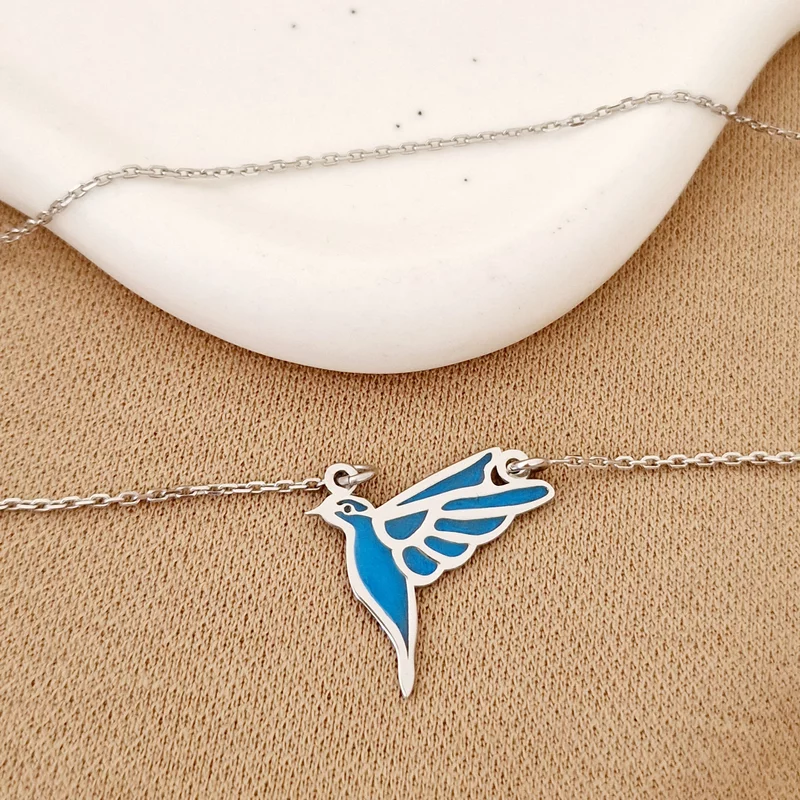 Kék Madár Nyaklánc - Zománcozott Medál - Ródiumozott 925 Sterling Ezüst - Körkapocs