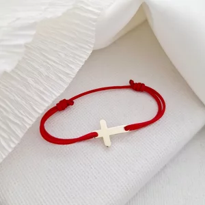 Kereszt Karkötő - 14K Sárga Arany - Állítható Zsinórral