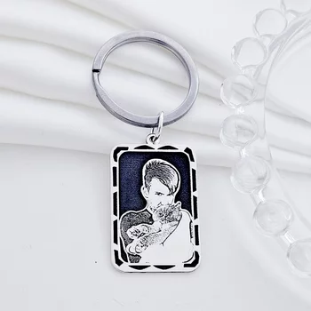 Kulcstartó Gravírozott Fénykép - Berámázott Pillanat - 925 Sterling Ezüst - Dombormű Gravírozás - Rozsdamentes Acél Karika