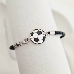 Labdarúgó Karkötő - 925 Sterling Ezüst Foci Labda - Fonott Bőr Karkötő
