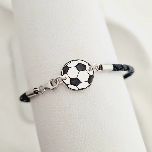 Labdarúgó Karkötő - 925 Sterling Ezüst Foci Labda - Fonott Bőr Karkötő