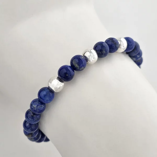 Lapis Lazuli Ásvány Karkötő - 3 Sterling Ezüst Golyó- Rugalmas Szilikon