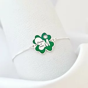 Lóhere Karkötő Kezdőbetűvel – 925 Sterling Ezüst - Zöld Tűzzománc & Swarovski Kristály - Csúszó Szabályzó