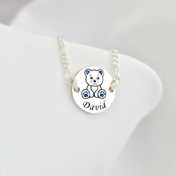 Mackó Érme Karkötő – 925 Sterling Ezüst - Kék Tűzzománc & Gravírozott Név - Lánc Fiú/Lány