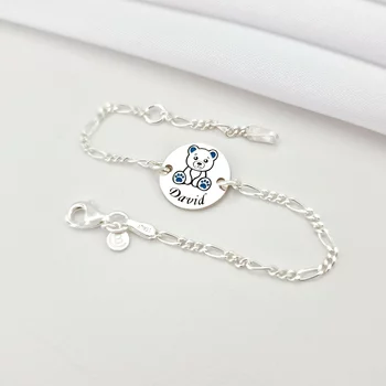 Mackó Érme Karkötő – 925 Sterling Ezüst - Kék Tűzzománc & Gravírozott Név - Lánc Fiú/Lány
