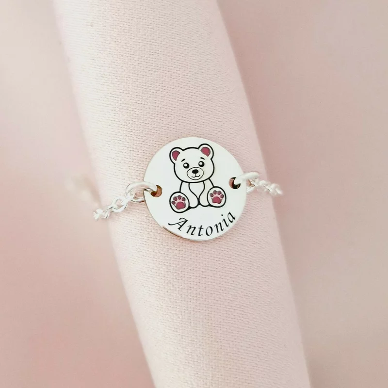 Mackó Érme Karkötő – 925 Sterling Ezüst - Rózsaszín Tűzzománc & Gravírozott Név - Lánc Fiú/Lány