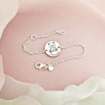 Mackó Érme Karkötő – 925 Sterling Ezüst - Rózsaszín Tűzzománc & Gravírozott Név - Lánc Fiú/Lány