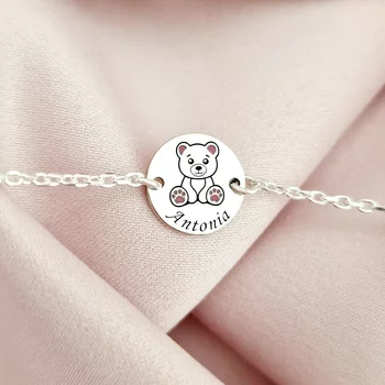 Mackó Érme Karkötő – 925 Sterling Ezüst - Rózsaszín Tűzzománc & Gravírozott Név - Lánc Fiú/Lány
