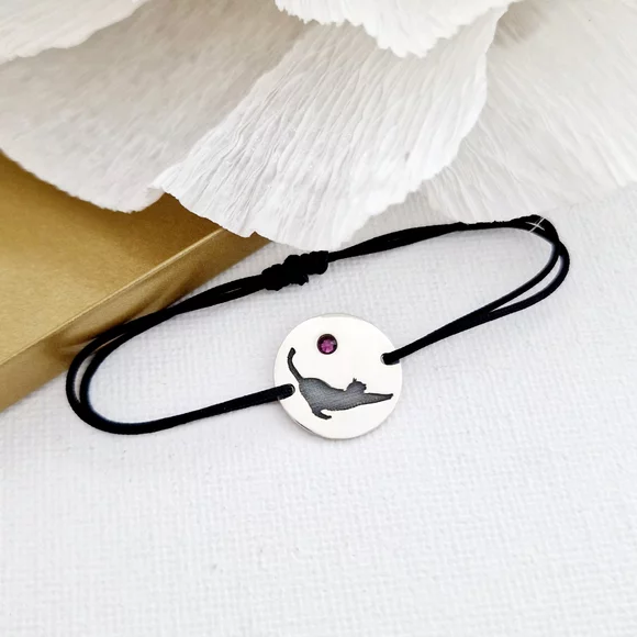 Macska karkötő Swarovski kristállyal - Ezüst 925, fekete zsinór