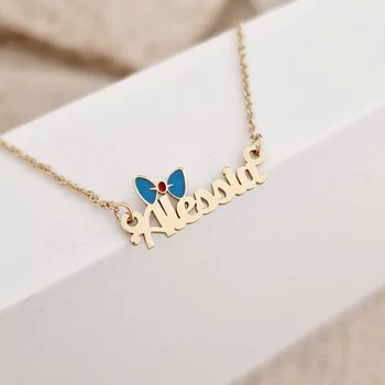 Név Nyaklánc - 18K Sárga Aranyozott 925 Sterling Ezüst Névvel és Zománcozott Masnival