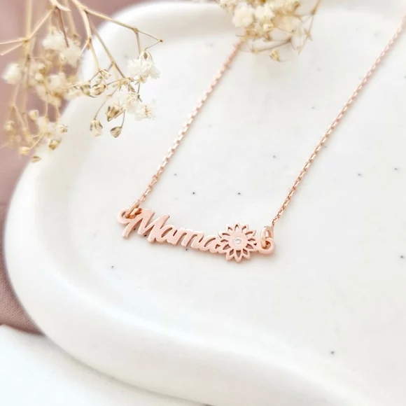 Név Nyaklánc és Virág Természetes Gyémánttal  - 18K Rozé Aranyozott 925 Sterling Ezüst - Körkapocs