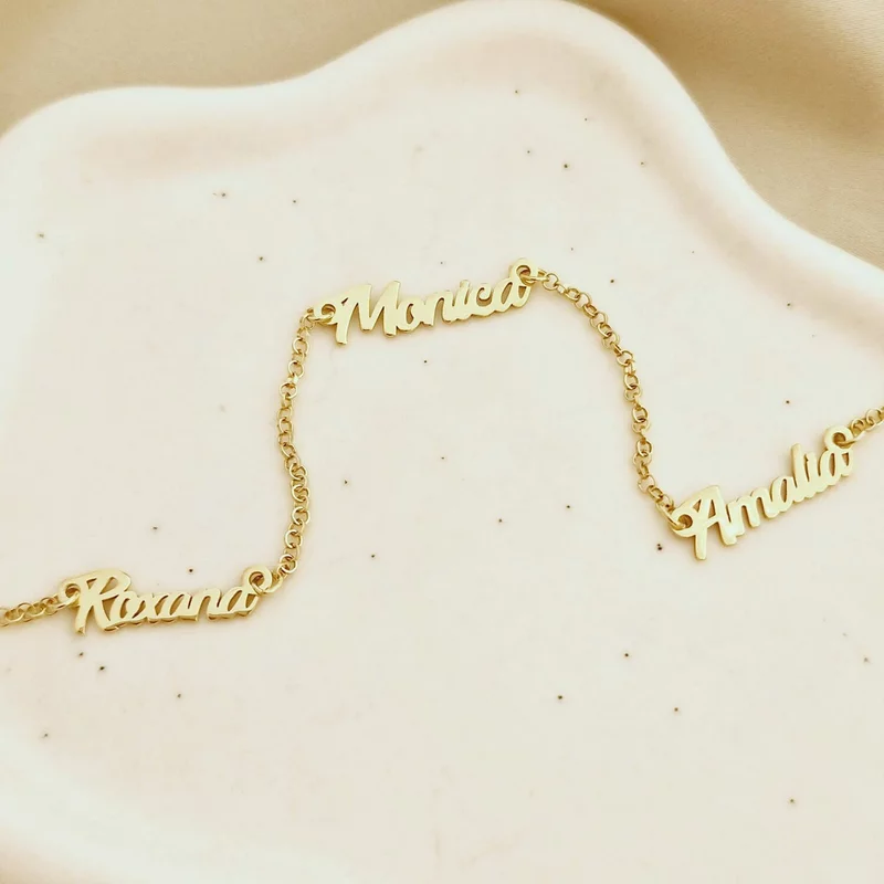 Név Nyaklánc - Kapcsolódás - 3 Név - 925-ös Ezüst 18K Sárga Arany bevonattal