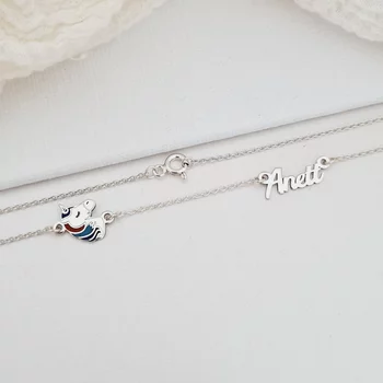 Neves Gyerek Nyaklánc - 925 Sterling Ezüst Névvel és Zománcozott Egyszarvúval