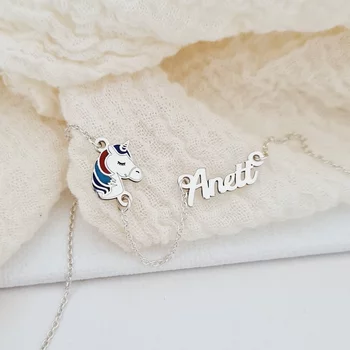 Neves Gyerek Nyaklánc - 925 Sterling Ezüst Névvel és Zománcozott Egyszarvúval