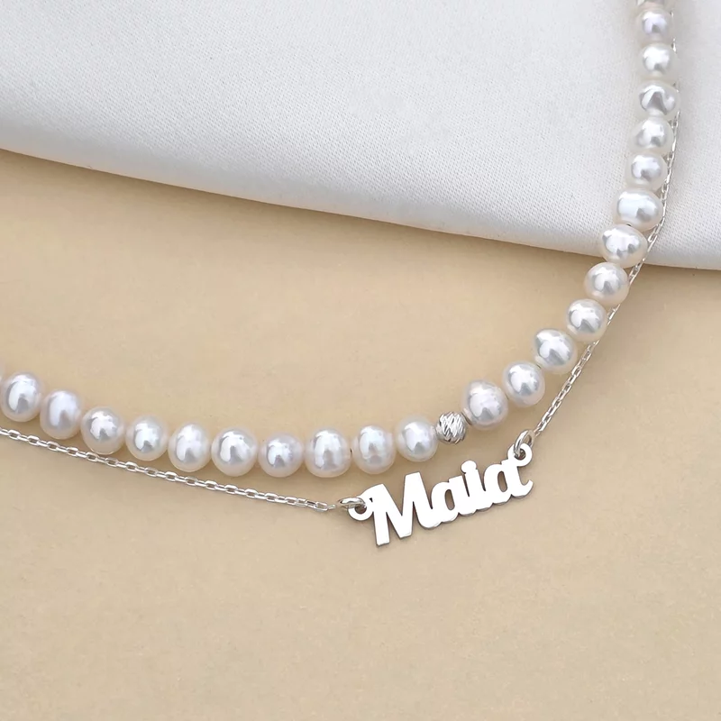 Névnyaklánc – Dupla Gyöngysor  – 925 Sterling Ezüst