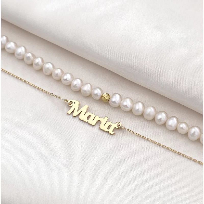 Névnyaklánc – Dupla Gyöngysor  – 925 Sterling Ezüst 18K Arany Bevonattal