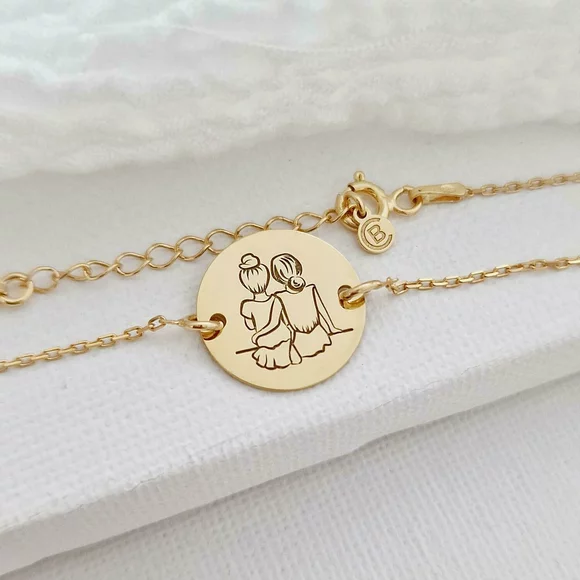 Nővér/Barátnő Érme Karkötő - 18K Sárga Aranyozott 925 Sterling Ezüst - Lánccal