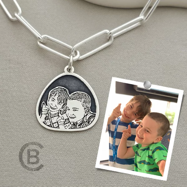 Nyaklánc Gravírozott Fénykép - Kerekített Háromszög Medál - 925 Sterling Ezüst - Dombormű Gravírozás - Nagyszemű Lánc