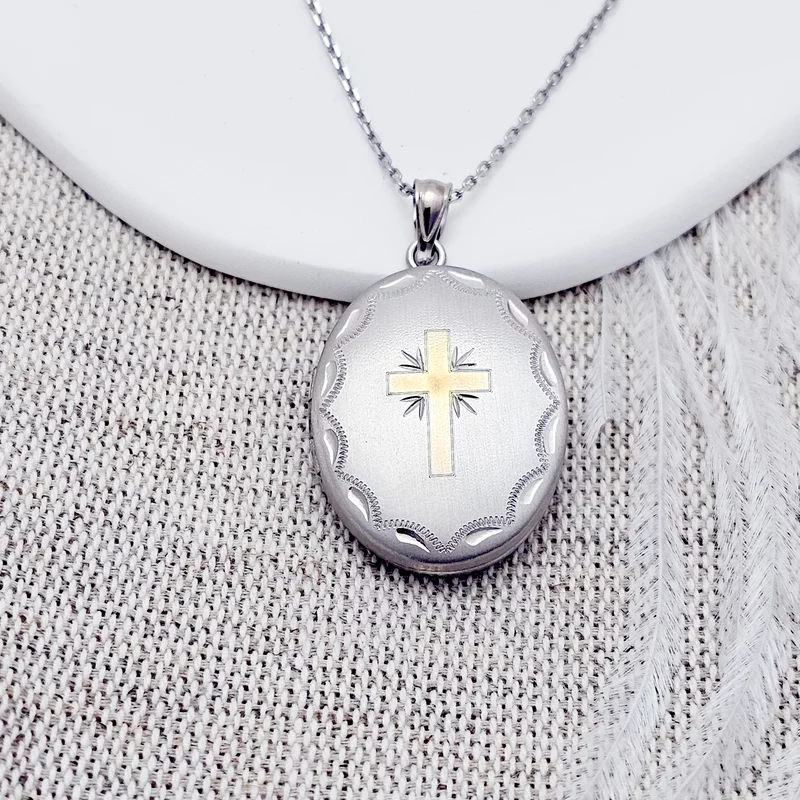 Ovális Fényképes Nyaklánc - Gold Cross - Ezüst 925 - Ródium és 18 K Sárga Arany bevonattal