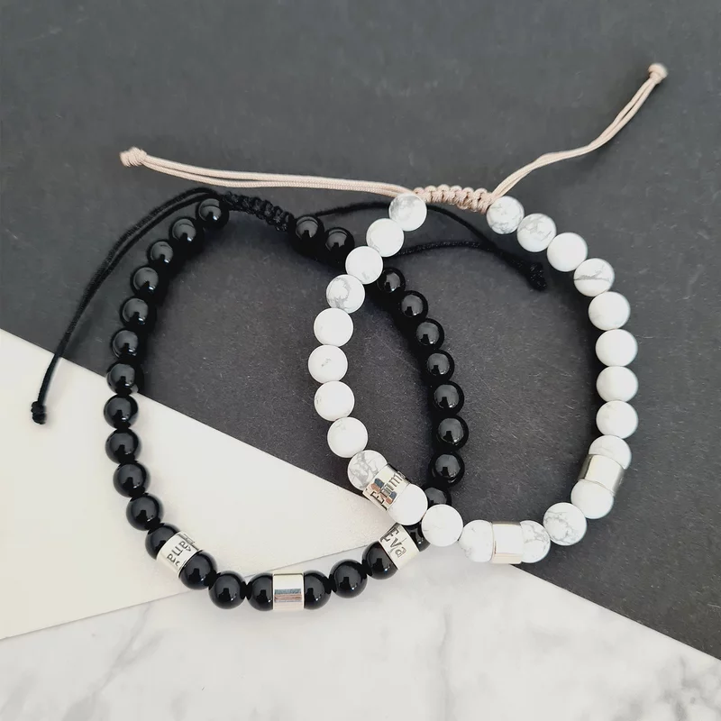 Páros Karkötő Szett - 3 Gravírozott 925 Sterling Ezüst Hengerrel és Ásvány Gyöngyök - Állítható Zsinór