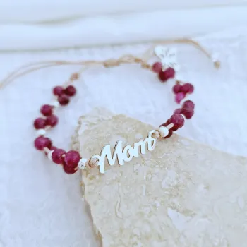 ÉLETERŐ Karkötő - Anyai Kötelék - MOM, pillangó charm és 925 Sterling Ezüst gömbök, - Fazettált Rubin ásvány gyöngyök - nude zsinór