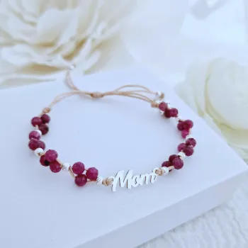 ÉLETERŐ Karkötő - Anyai Kötelék - MOM, pillangó charm és 925 Sterling Ezüst gömbök, - Fazettált Rubin ásvány gyöngyök - nude zsinór