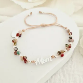 ÉLETERŐ Karkötő - Anyai Kötelék - MOM, szív charm és 925 Sterling Ezüst gömbök, - Fazettált Turmalin ásvány gyöngyök - Zöld zsinór