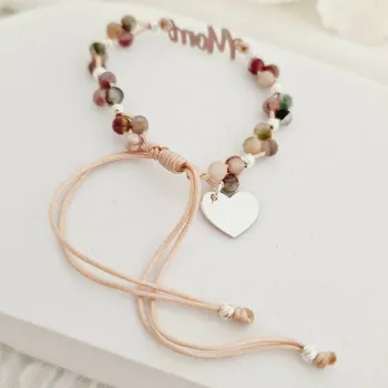 ÉLETERŐ Karkötő - Anyai Kötelék - MOM, szív charm és 925 Sterling Ezüst gömbök, - Fazettált Turmalin ásvány gyöngyök - Zöld zsinór