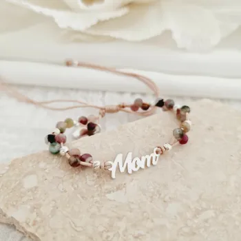 ÉLETERŐ Karkötő - Anyai Kötelék - MOM, szív charm és 925 Sterling Ezüst gömbök, - Fazettált Turmalin ásvány gyöngyök - Zöld zsinór